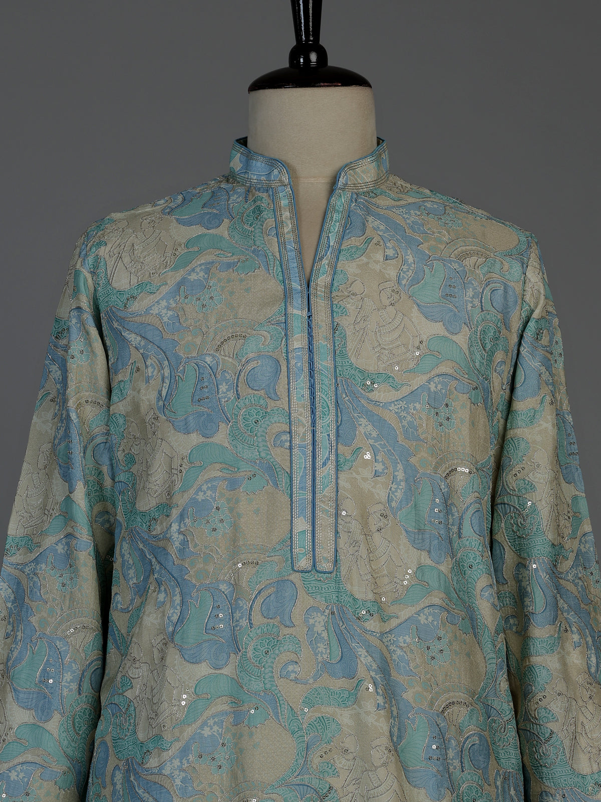 Blue beige silk mens kurta suit with printed sequined detailing