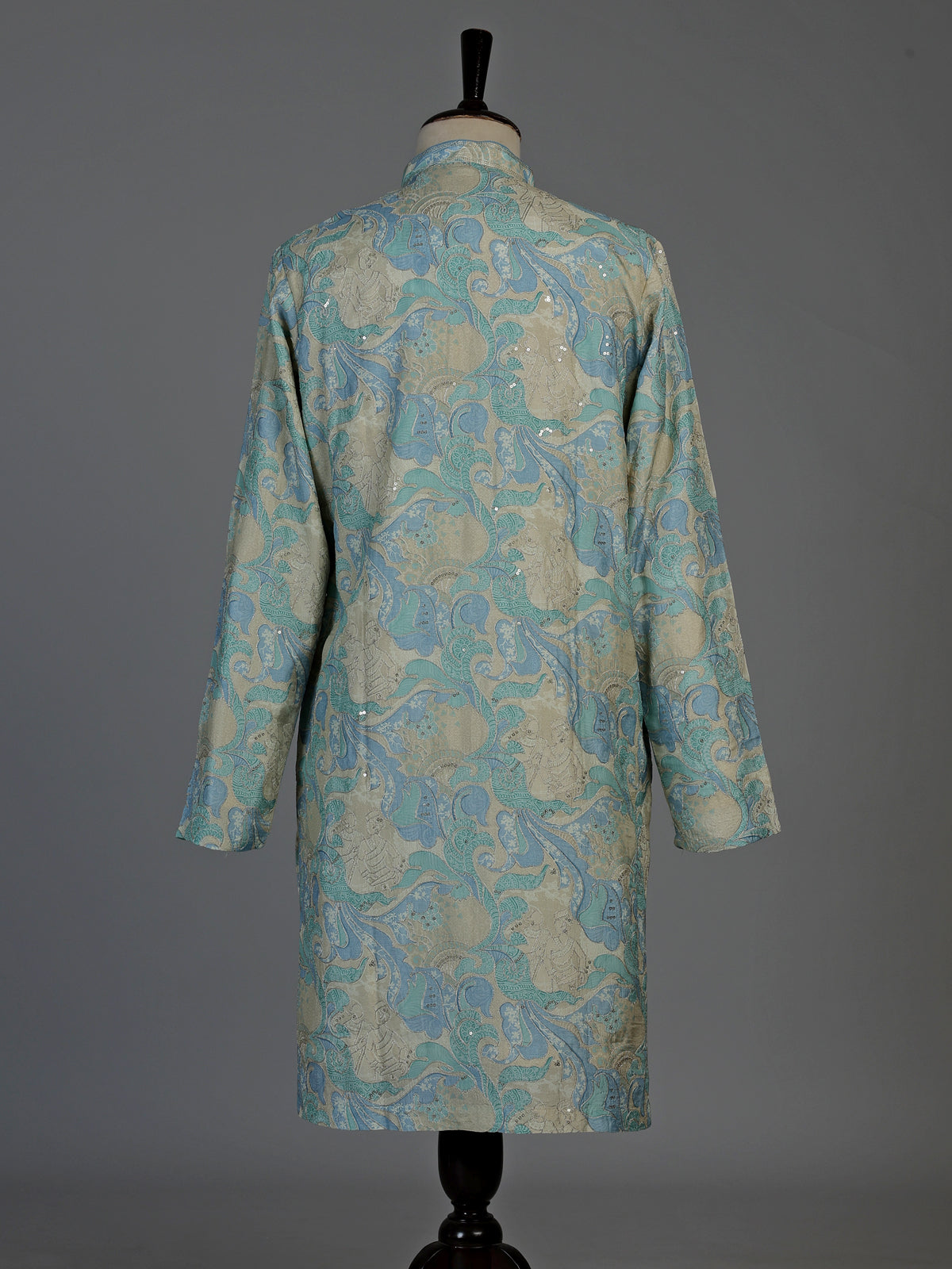 Blue beige silk mens kurta suit with printed sequined detailing