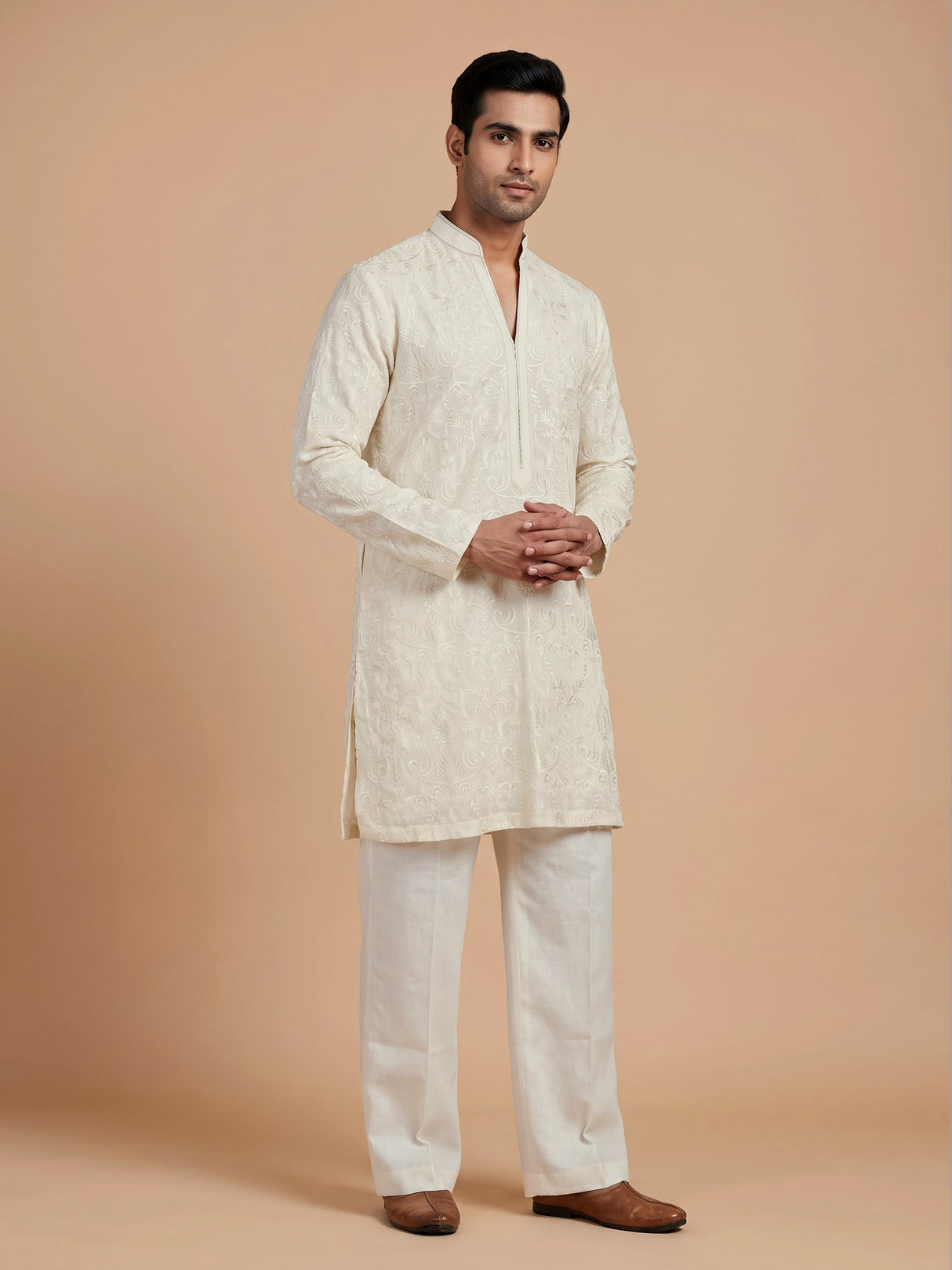 Cream linen silk mens kurta suit with refined embroidered detailing