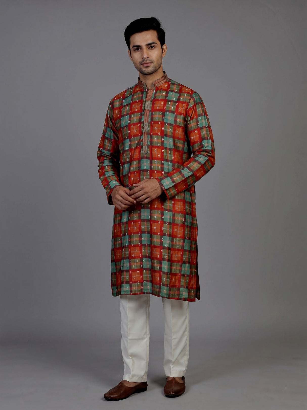 Multicolor gajji silk mens kurta suit with checks printed dupatta