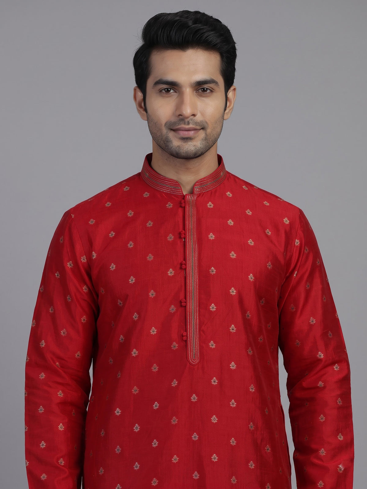 Red silk mens kurta suit with elegant zari butti craftsmanship