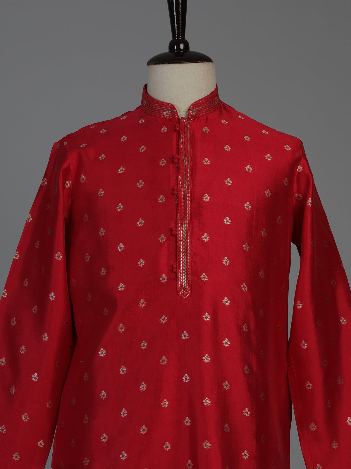Red silk mens kurta suit with elegant zari butti craftsmanship