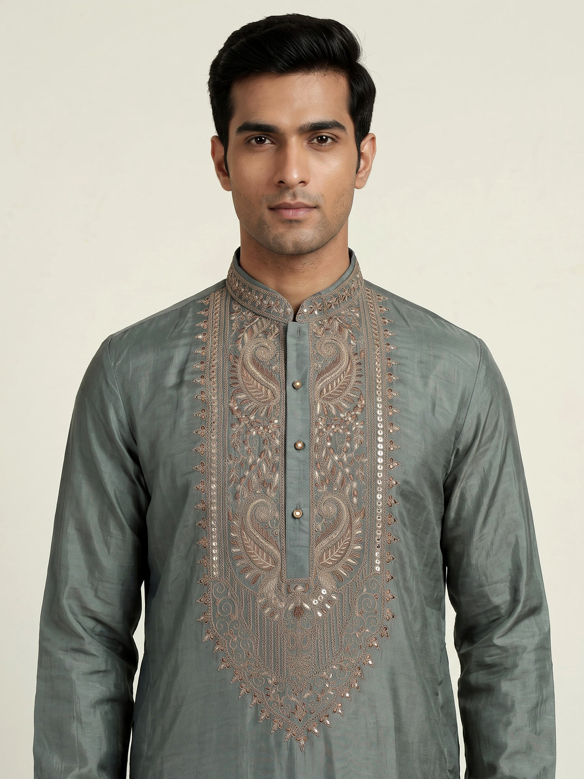 Stone grey silk mens kurta suit with elegant embroidery and sequins