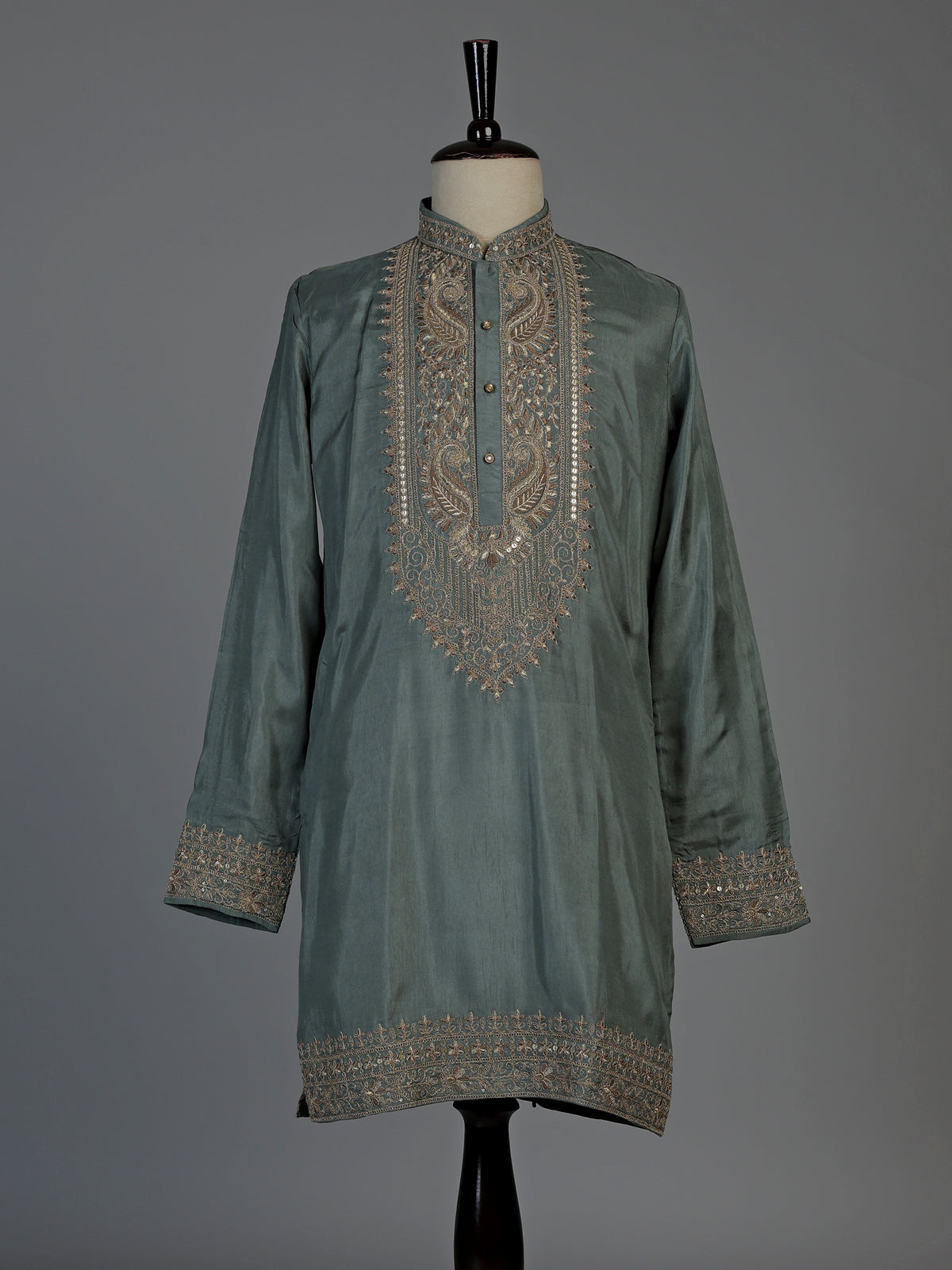 Stone grey silk mens kurta suit with elegant embroidery and sequins