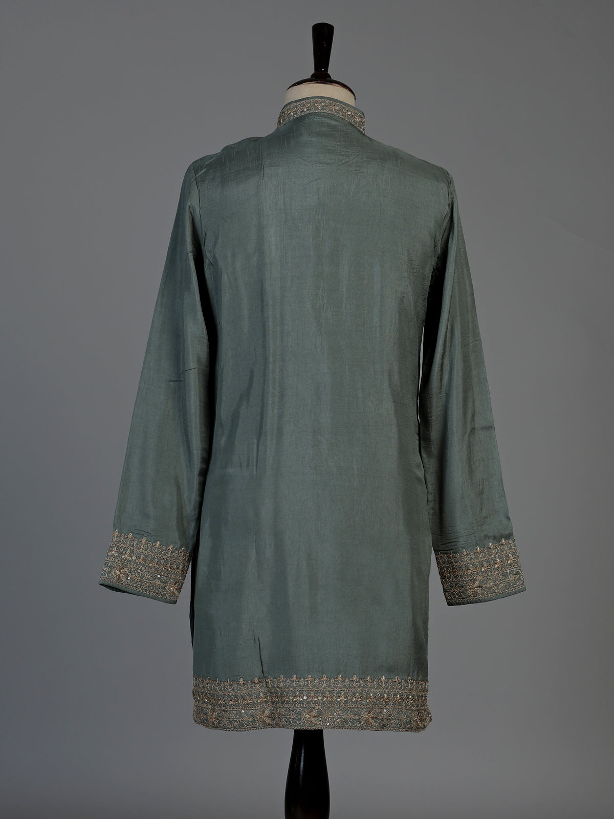 Stone grey silk mens kurta suit with elegant embroidery and sequins