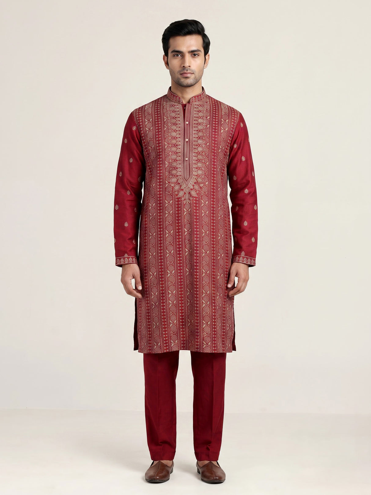 Maroon silk blend mens kurta suit with elegant sequined butti work