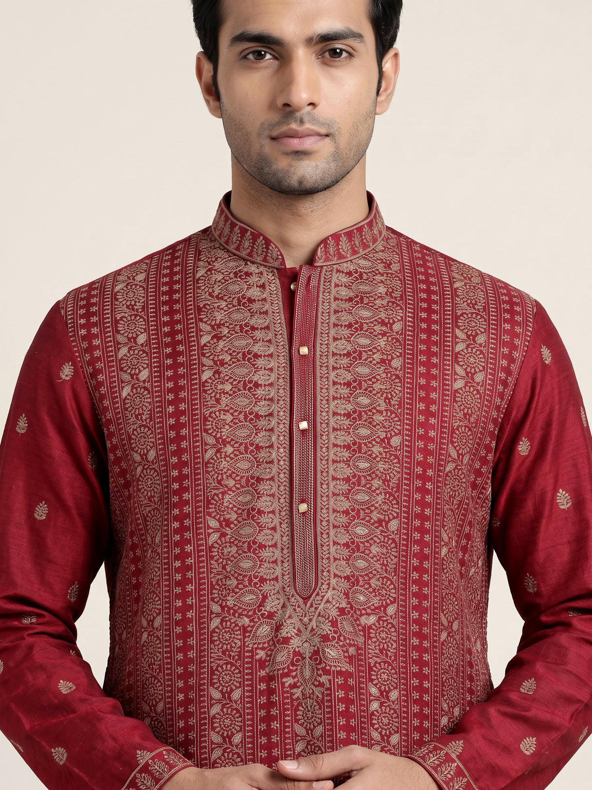 Maroon silk blend mens kurta suit with elegant sequined butti work