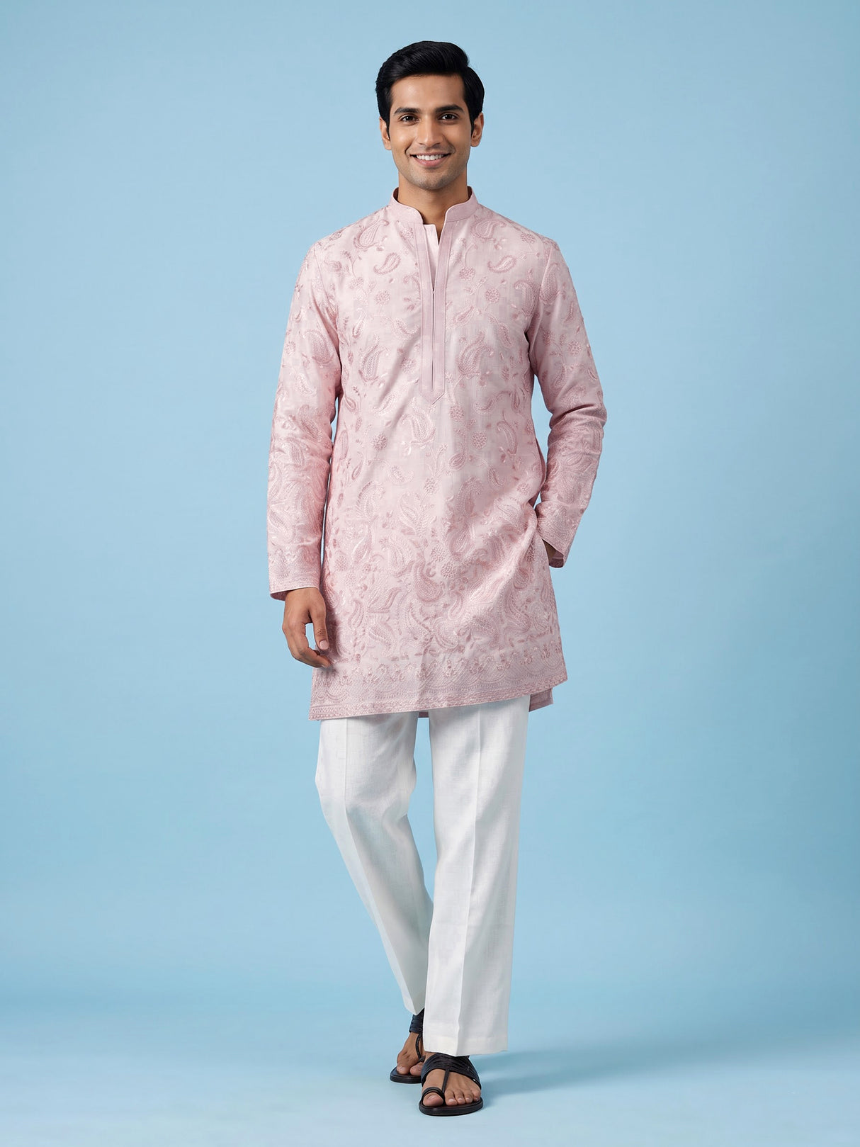 Light pink linen mens kurta suit with delicate sequin embroidery
