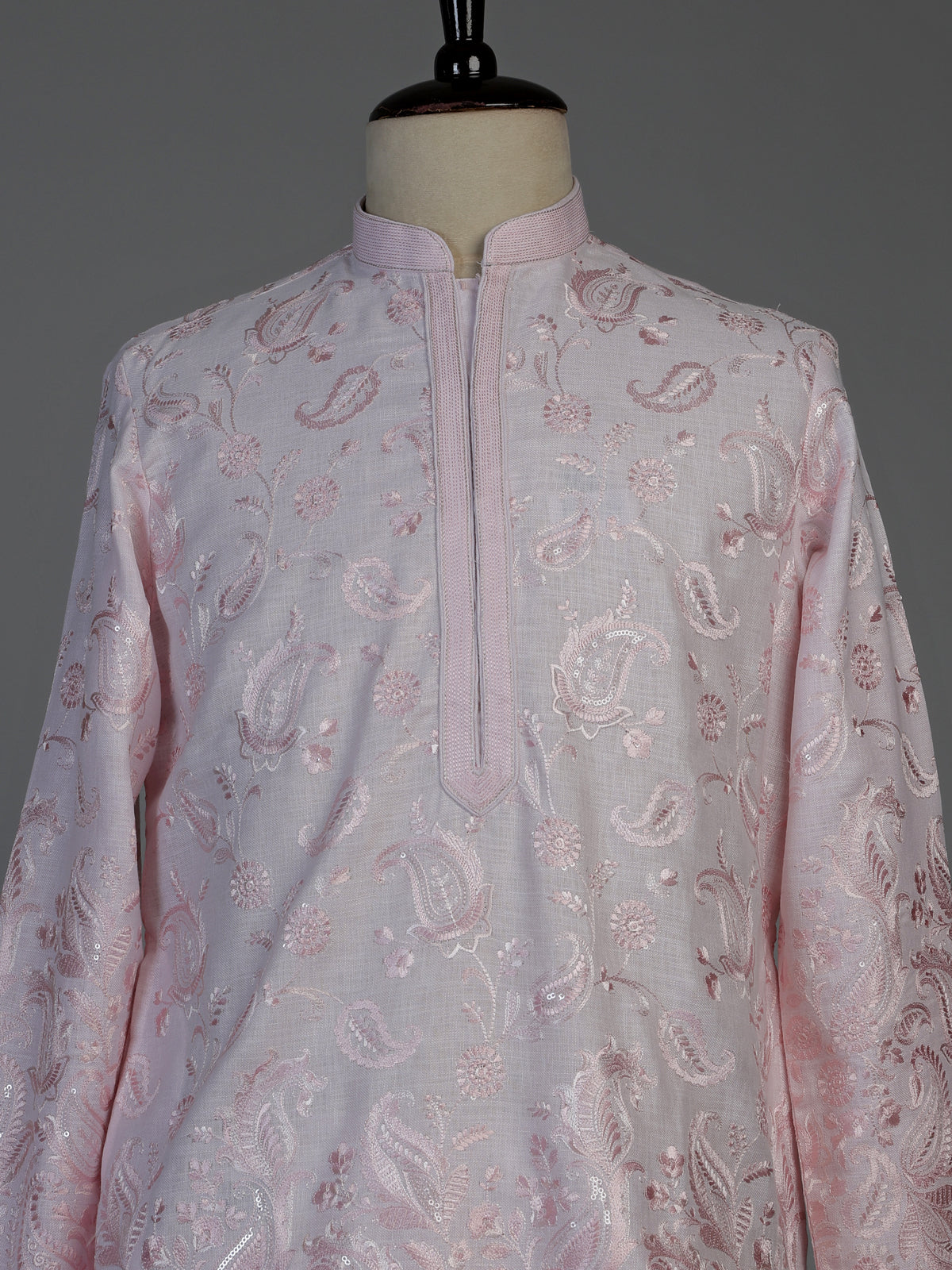 Light pink linen mens kurta suit with delicate sequin embroidery