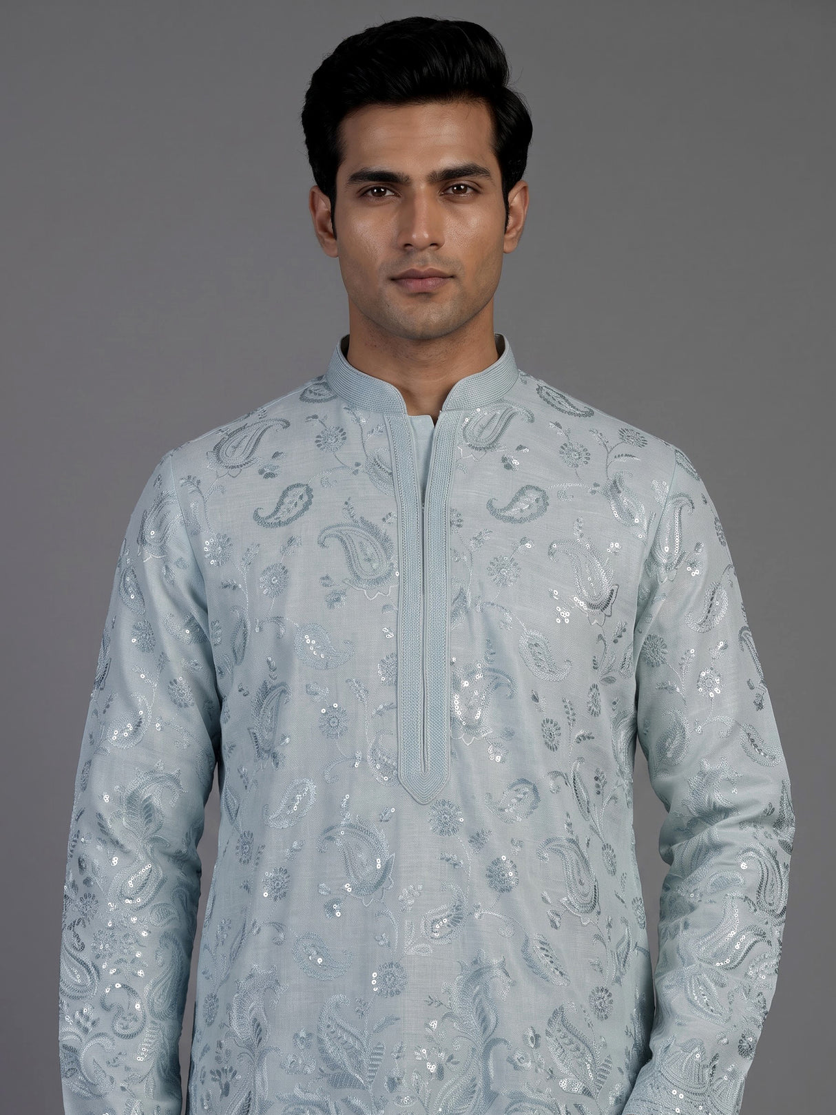 Mint blue linen mens kurta suit with elegant embroidery and sequins