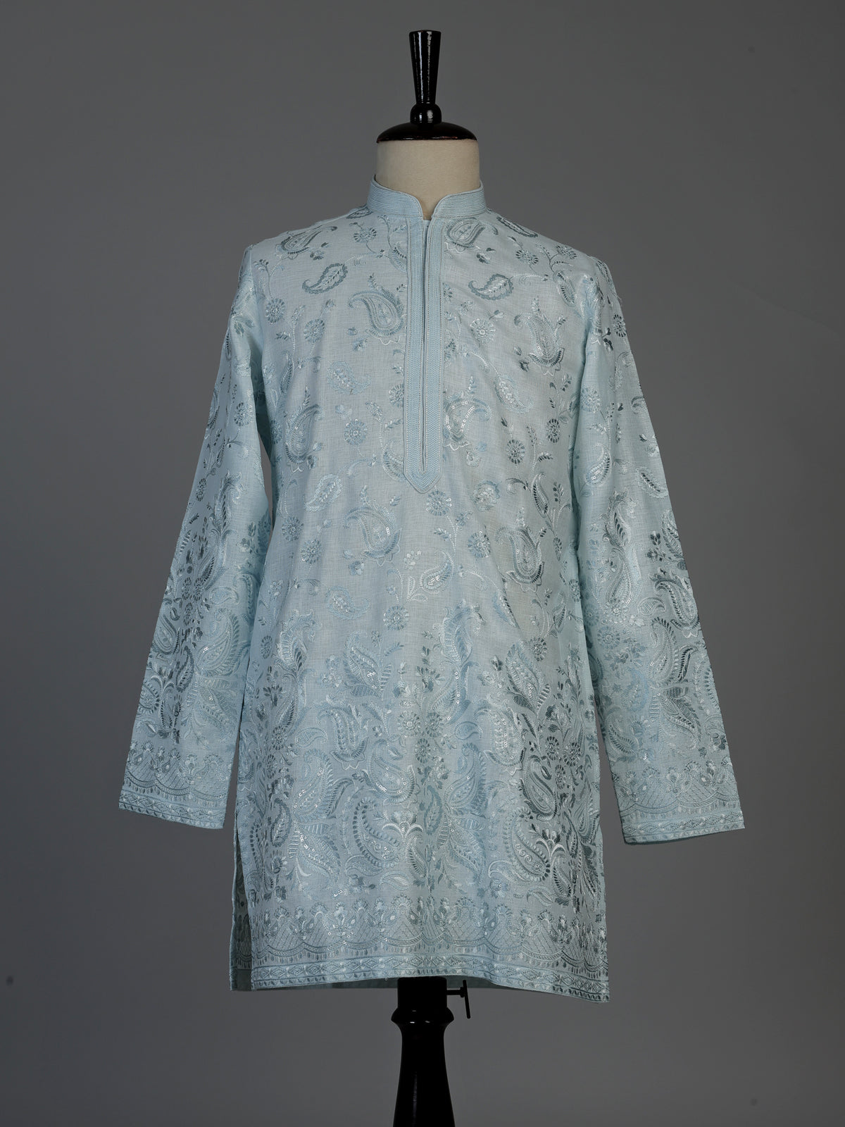 Mint blue linen mens kurta suit with elegant embroidery and sequins