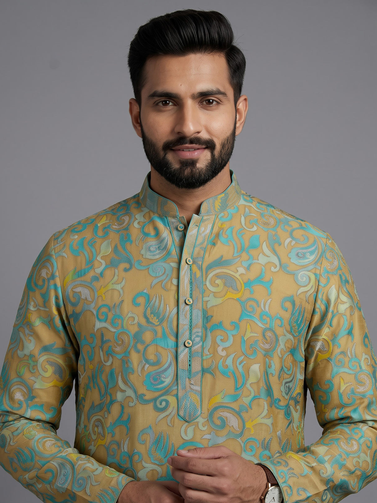 Multicolor silk blend mens kurta suit with elegant printed styling