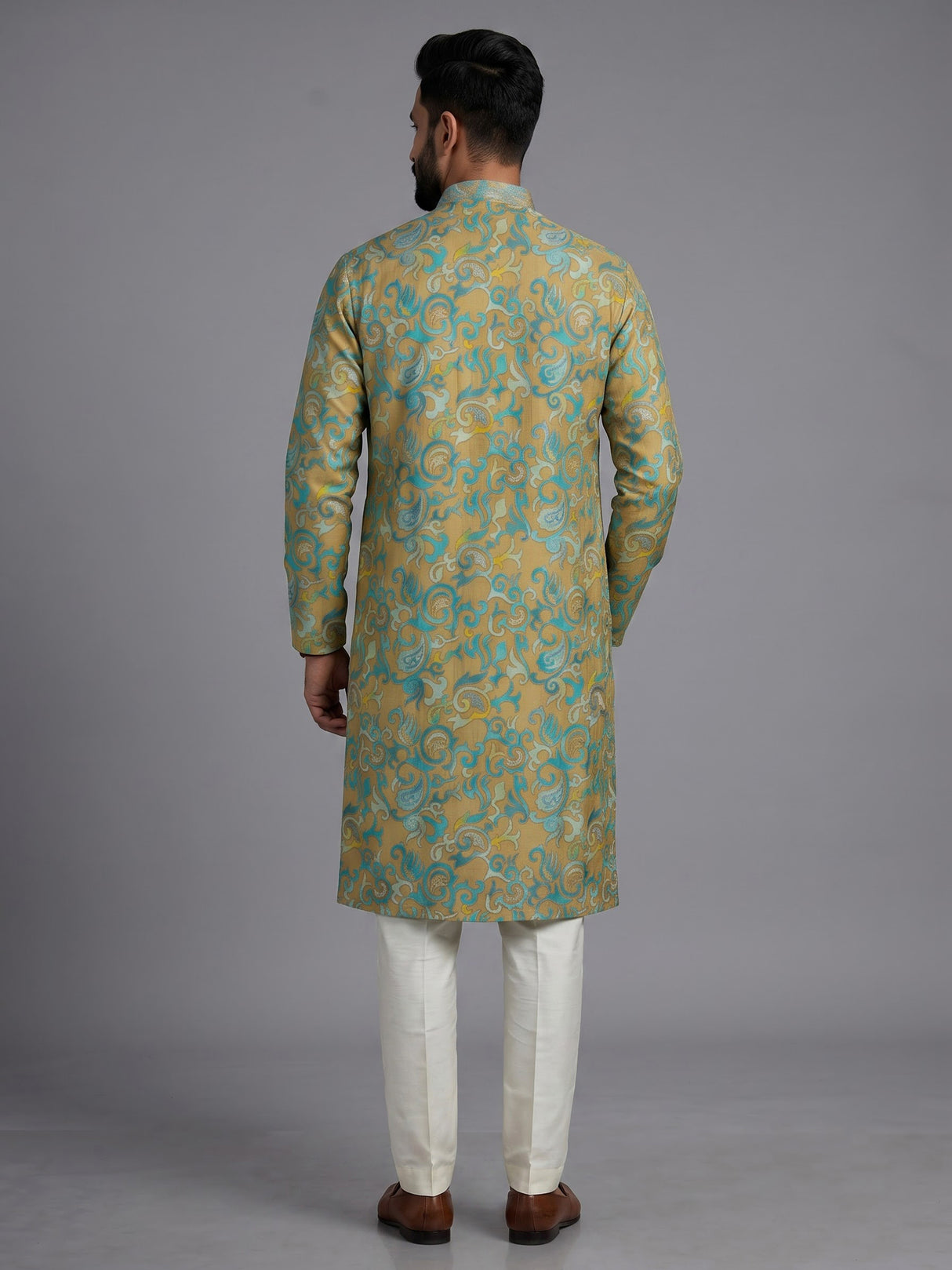 Multicolor silk blend mens kurta suit with elegant printed styling