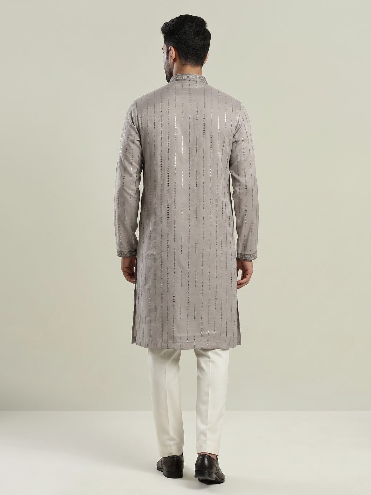 Light grey slub silk mens kurta suit with delicate sequin detailing
