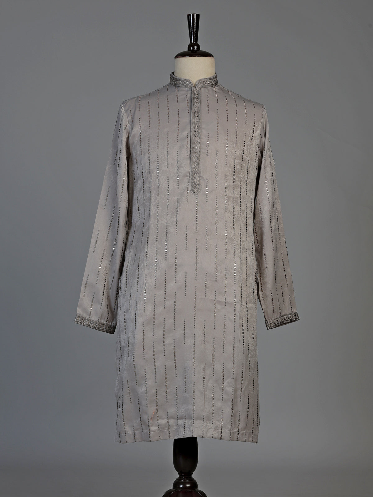 Light grey slub silk mens kurta suit with delicate sequin detailing