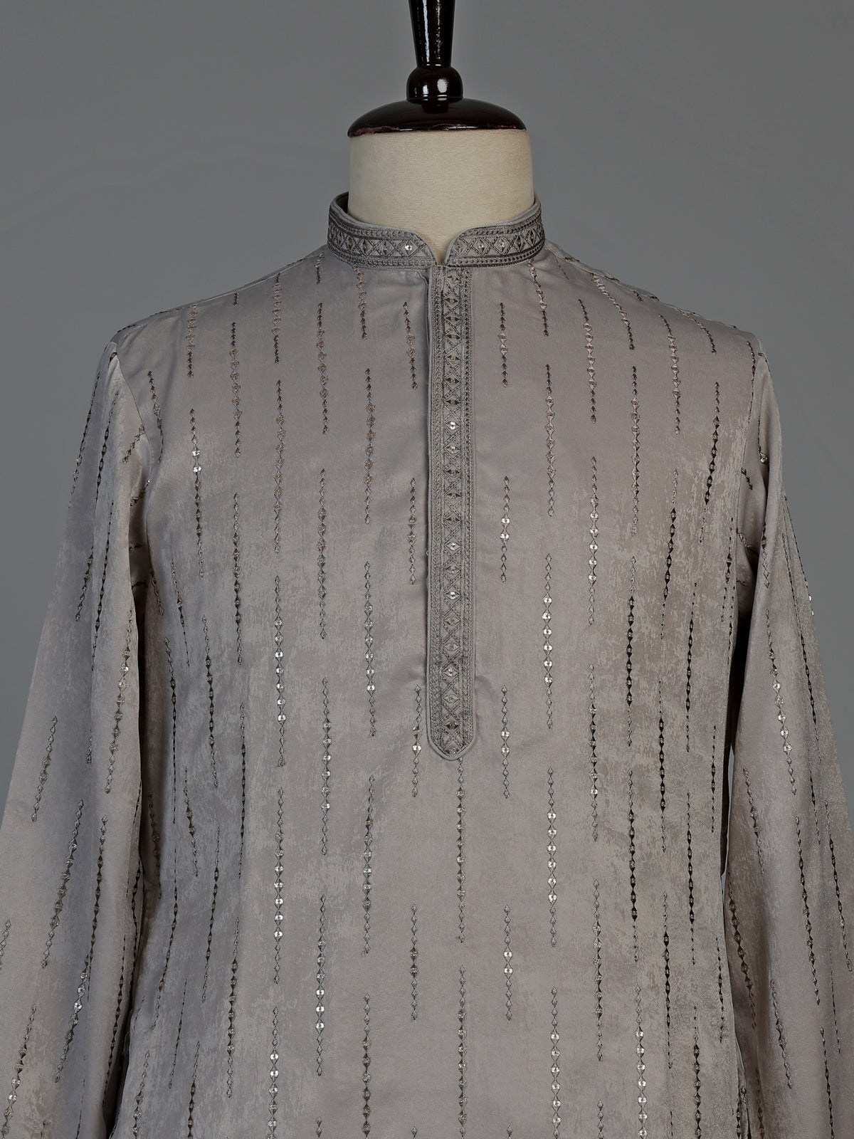 Light grey slub silk mens kurta suit with delicate sequin detailing