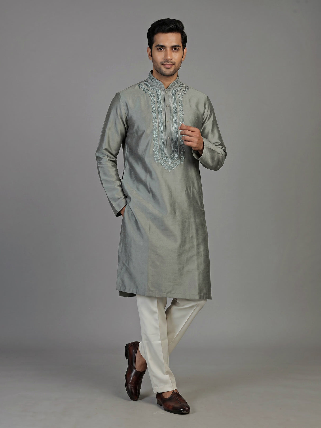 Grey silk blend mens kurta suit with subtle thread and sequin work