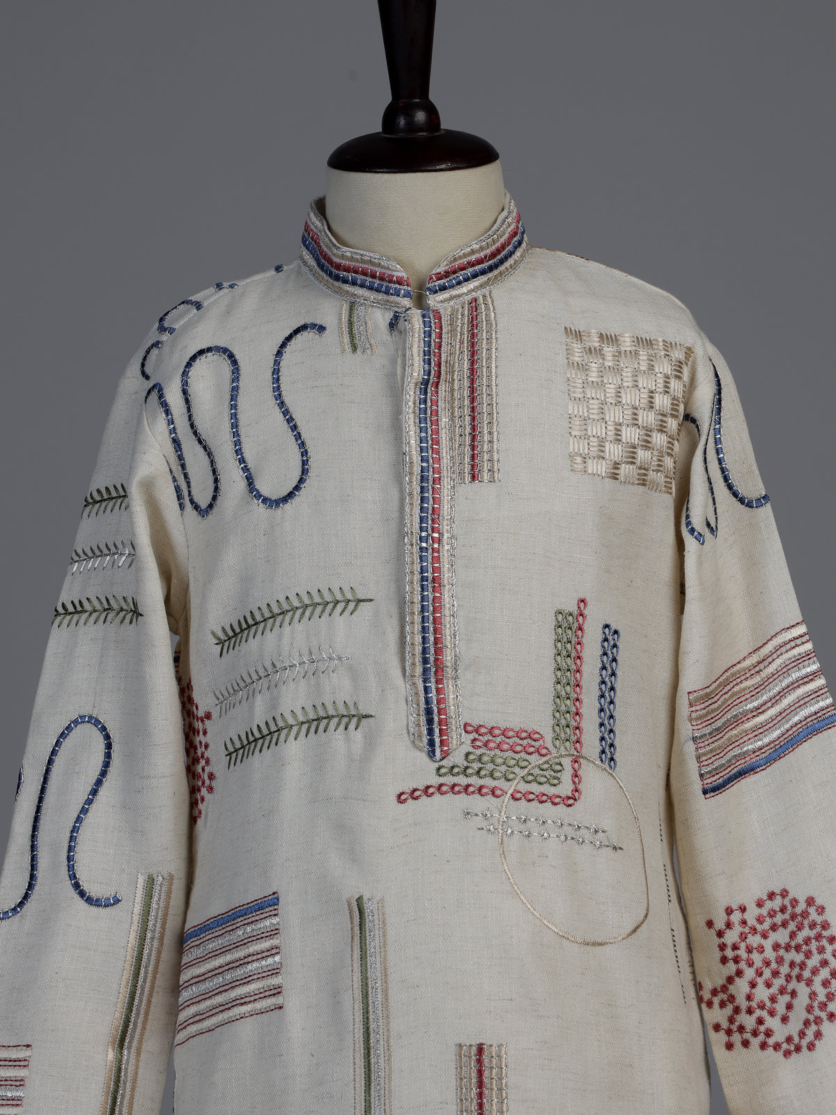 Cream folk kantha embroidered boys kurta suit
