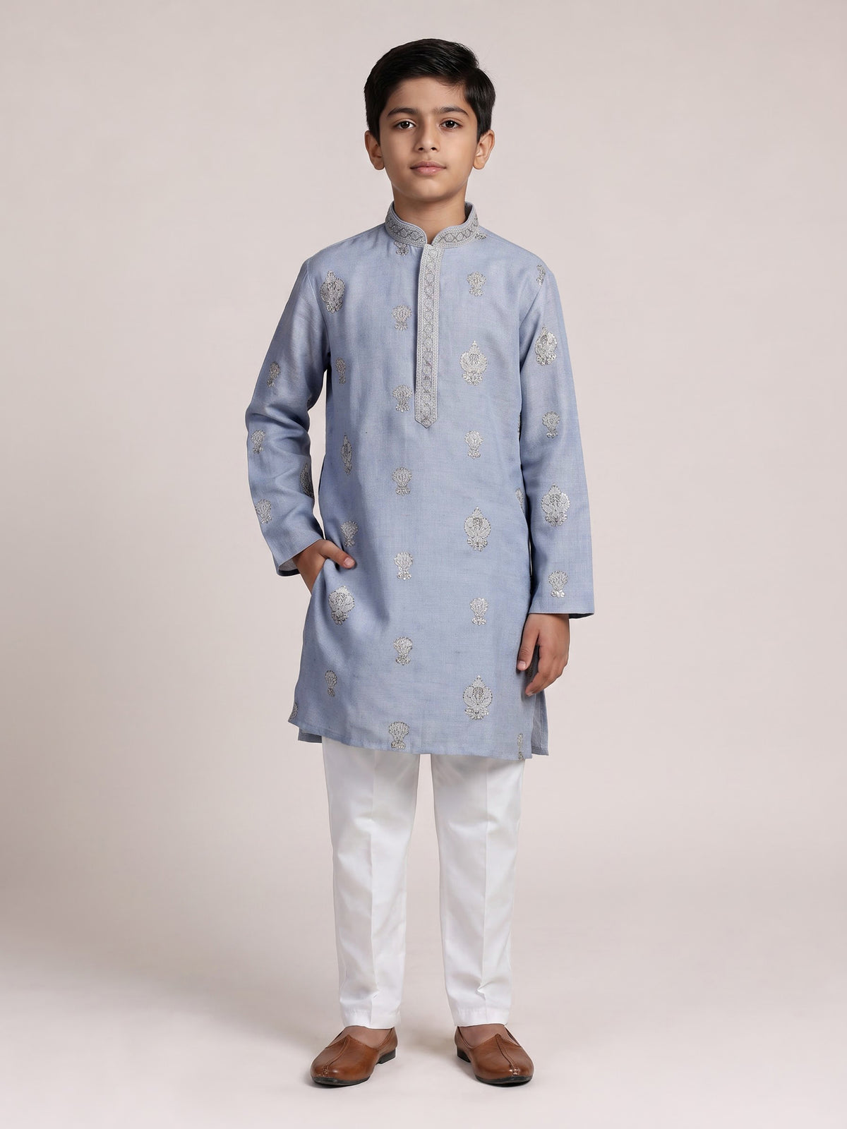 Sea blue mughal floral boys kurta suit