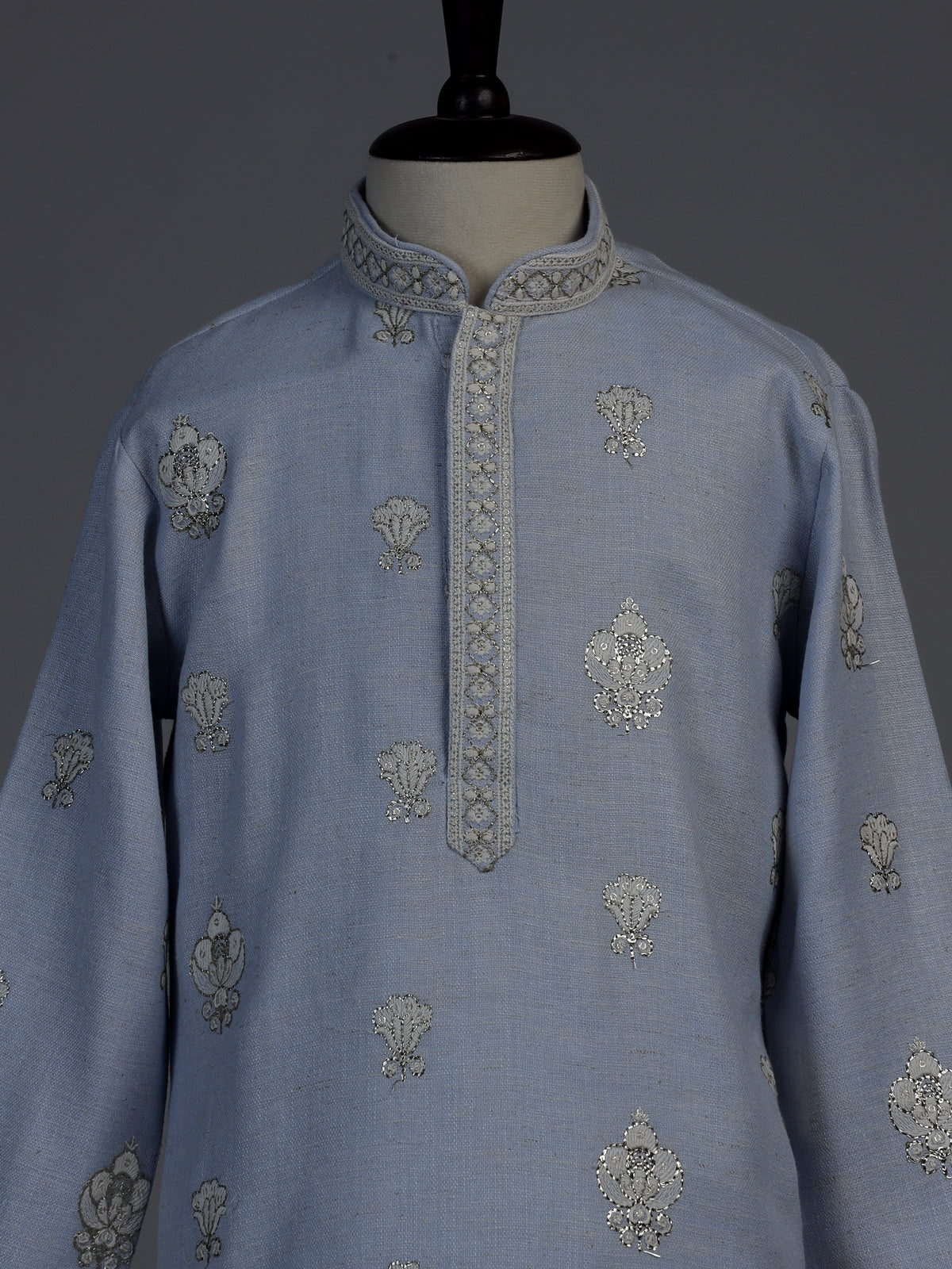 Sea blue mughal floral boys kurta suit