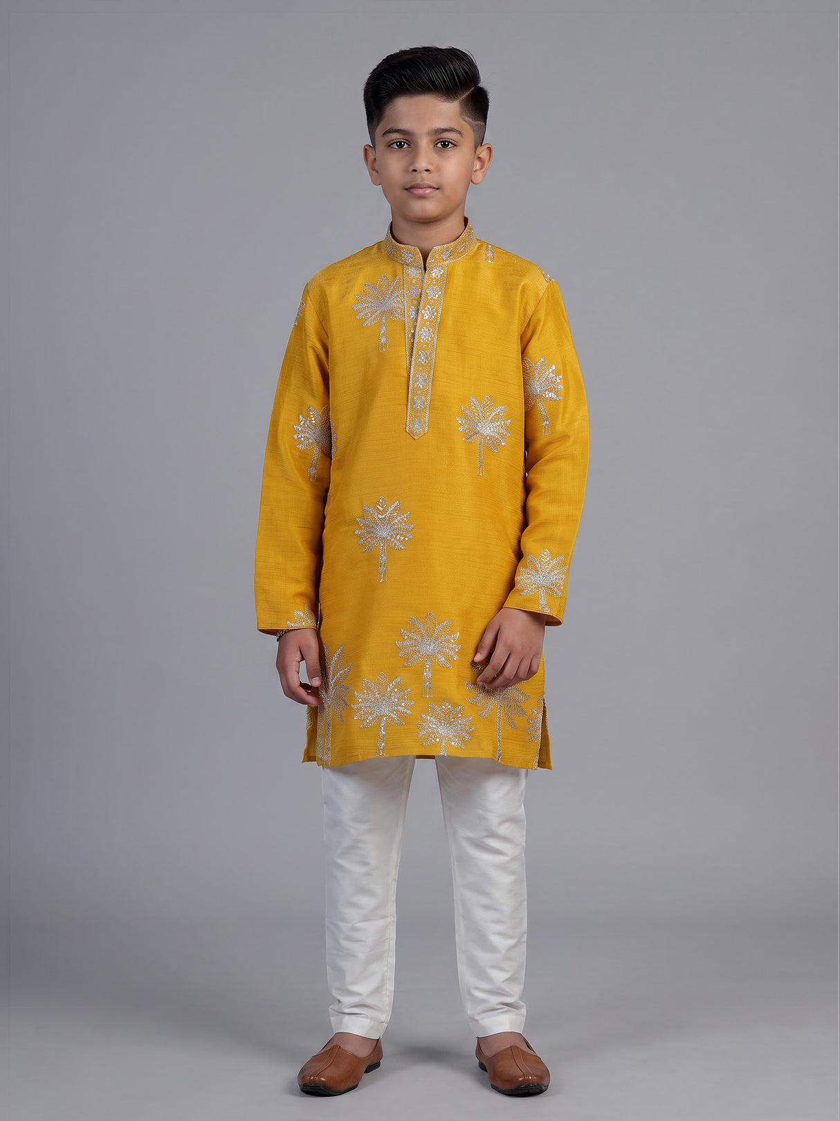 Yellow palm tree embroidered boys kurta suit