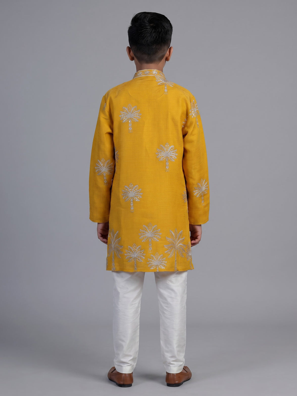 Yellow palm tree embroidered boys kurta suit