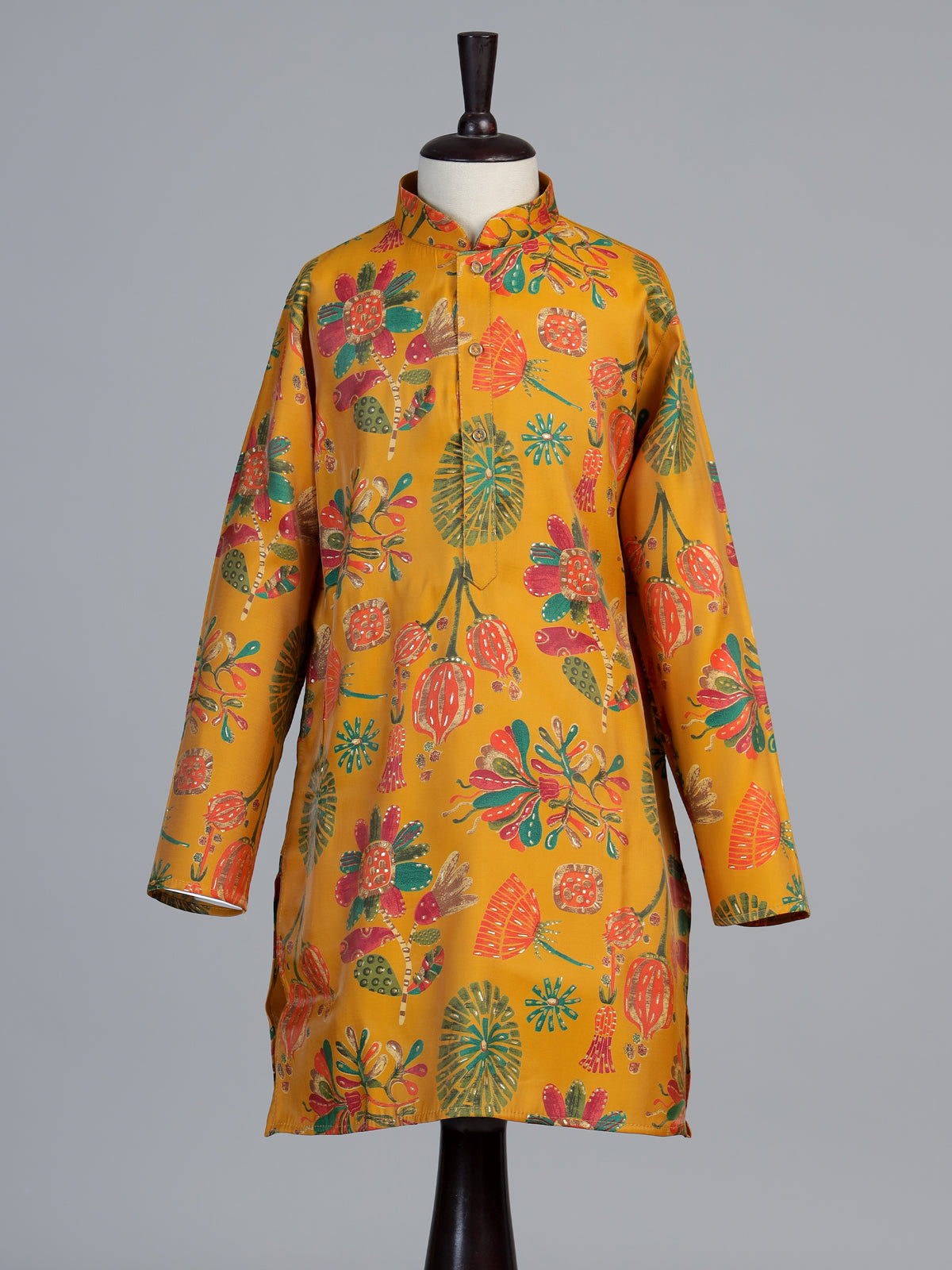Yellow folk floral print boys kurta suit
