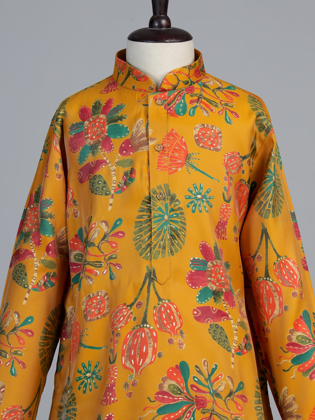 Yellow folk floral print boys kurta suit
