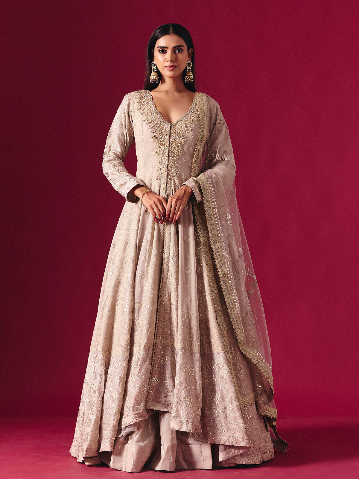 Elegant beige georgette salwar suit with embellished lehenga and dupatta