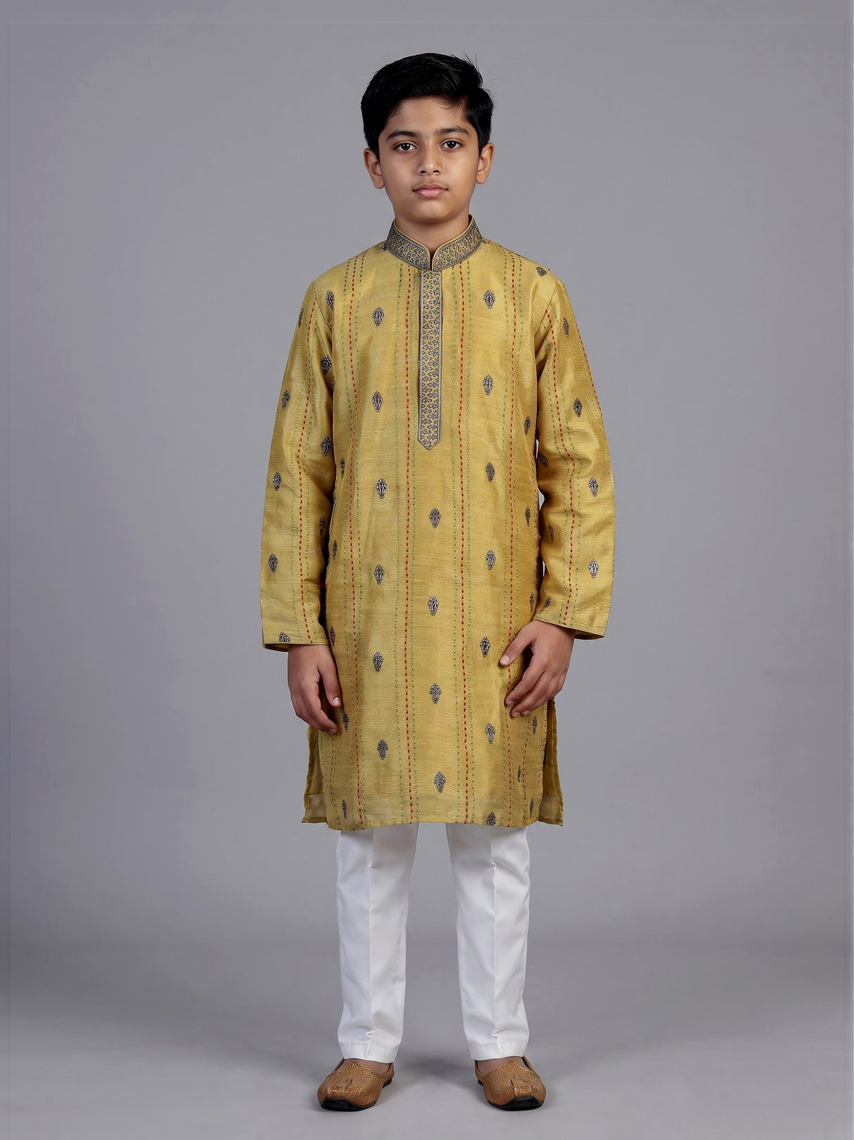 Mustard yellow floral butti boys kurta suit