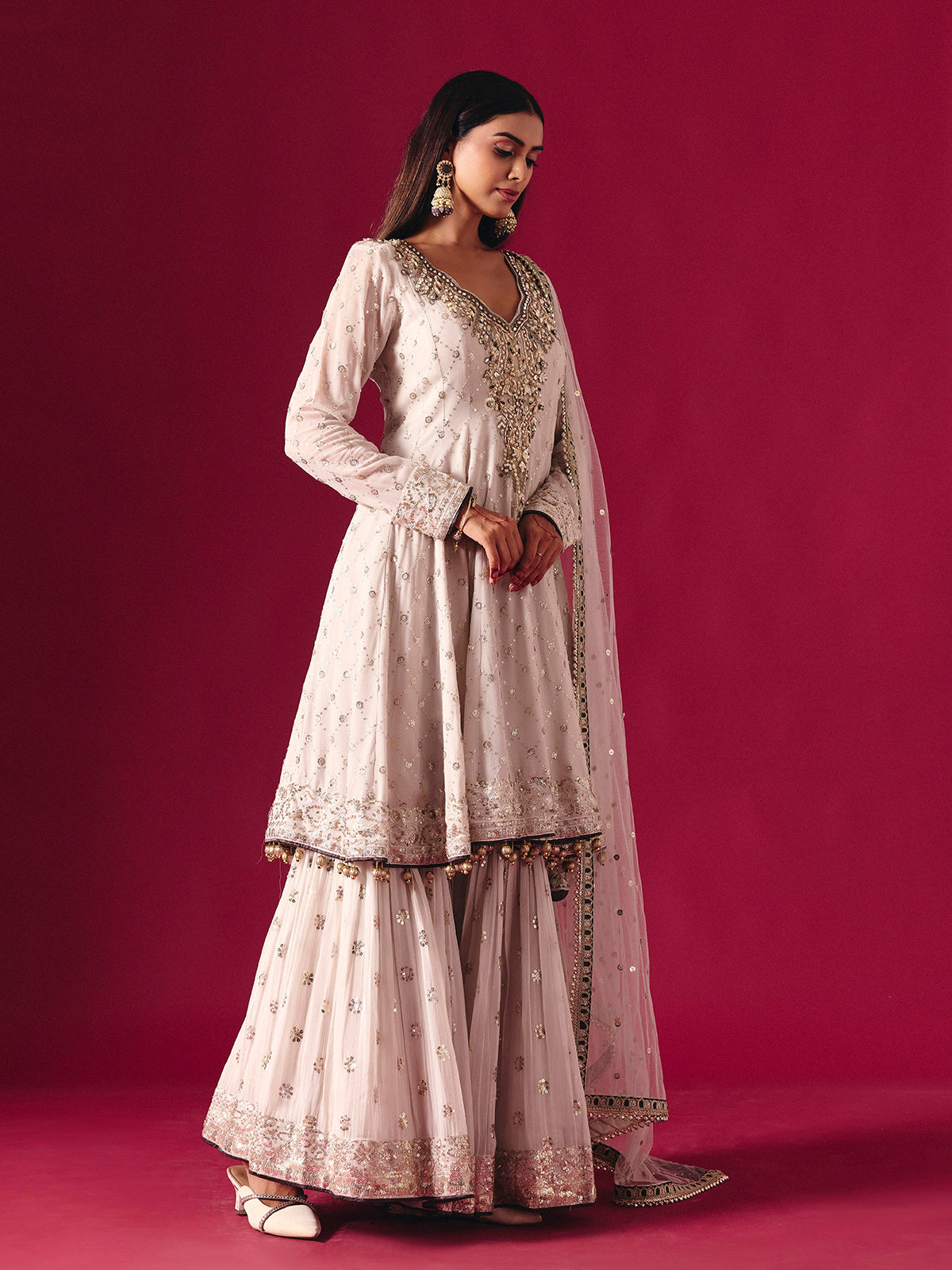 Off white georgette sharara suit with sequin embellishments