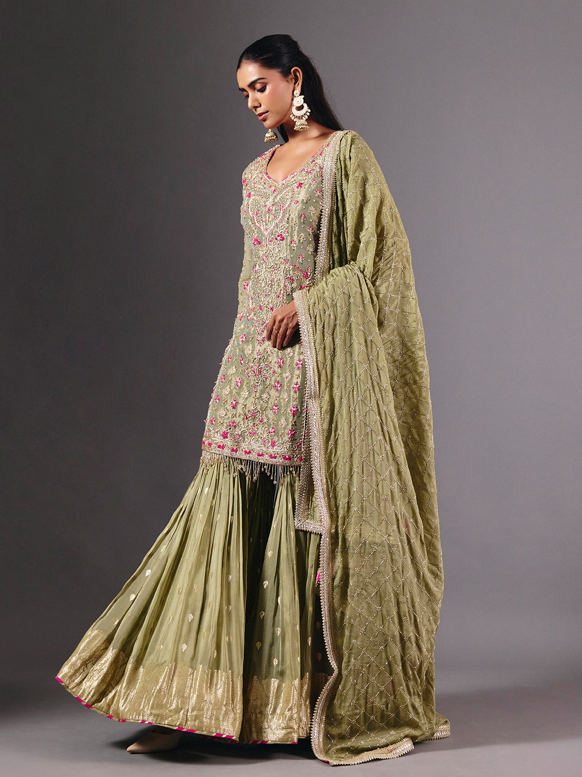 Green tissue silk sharara suit with zardosi and sequin embellishments
