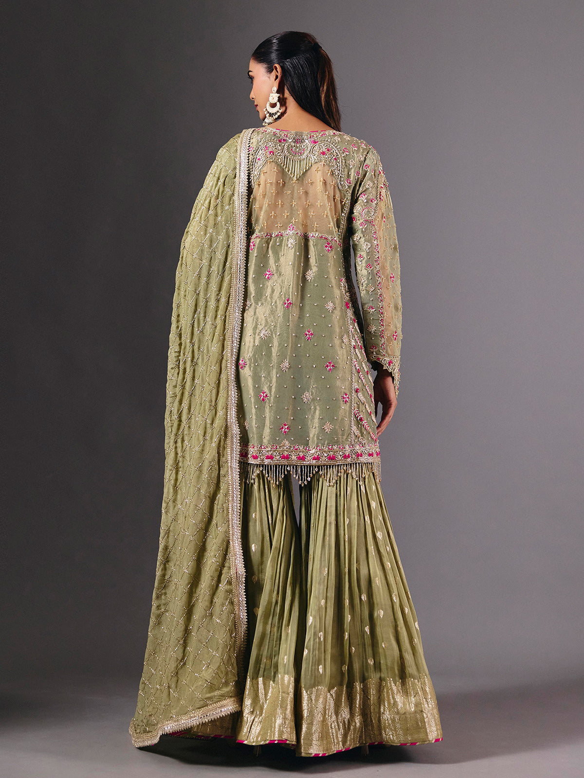 Green tissue silk sharara suit with zardosi and sequin embellishments