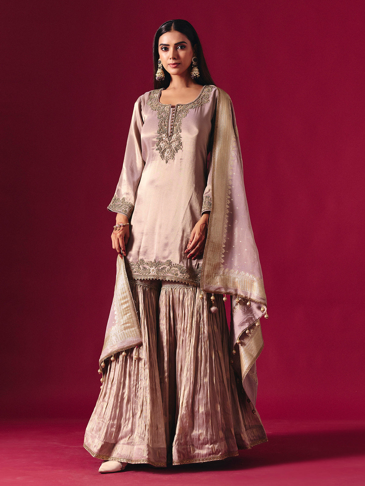 Lilac purple silk sharara suit with zardosi detailing