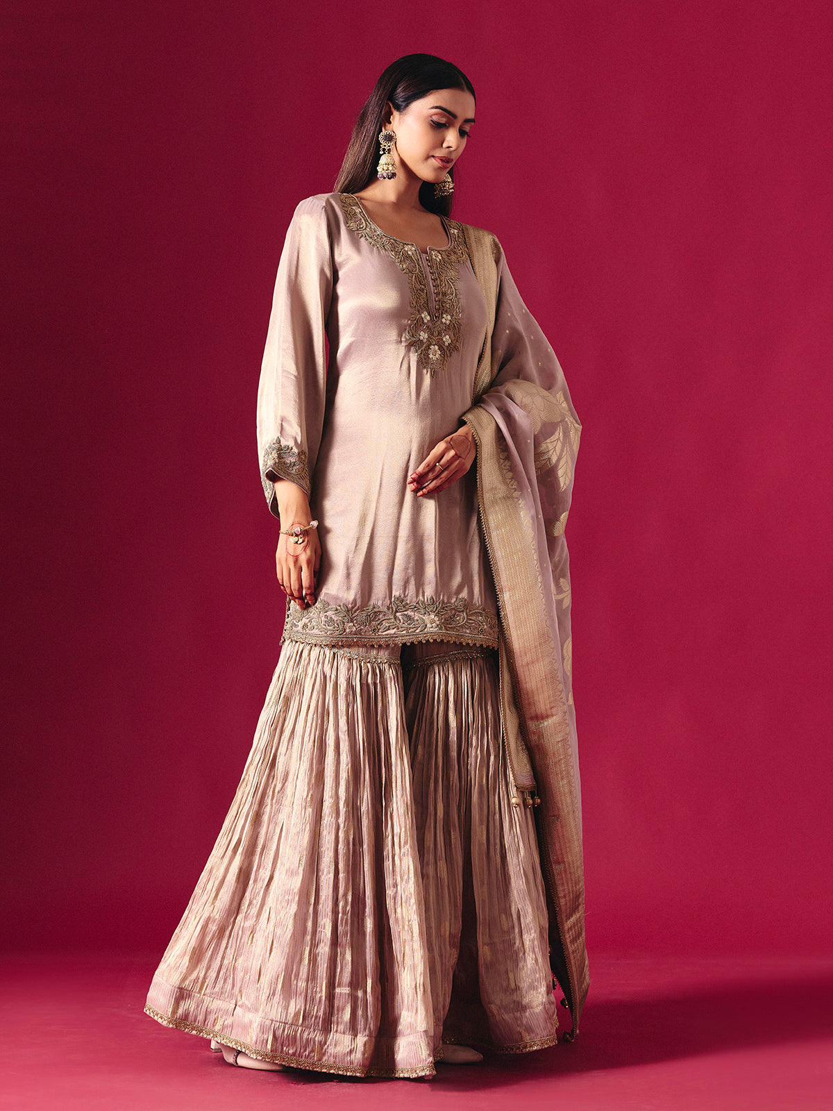 Lilac purple silk sharara suit with zardosi detailing