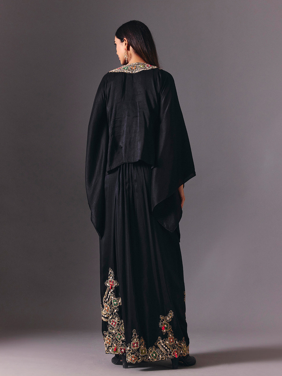 Black crepe silk indowestern suit with designer embellishments