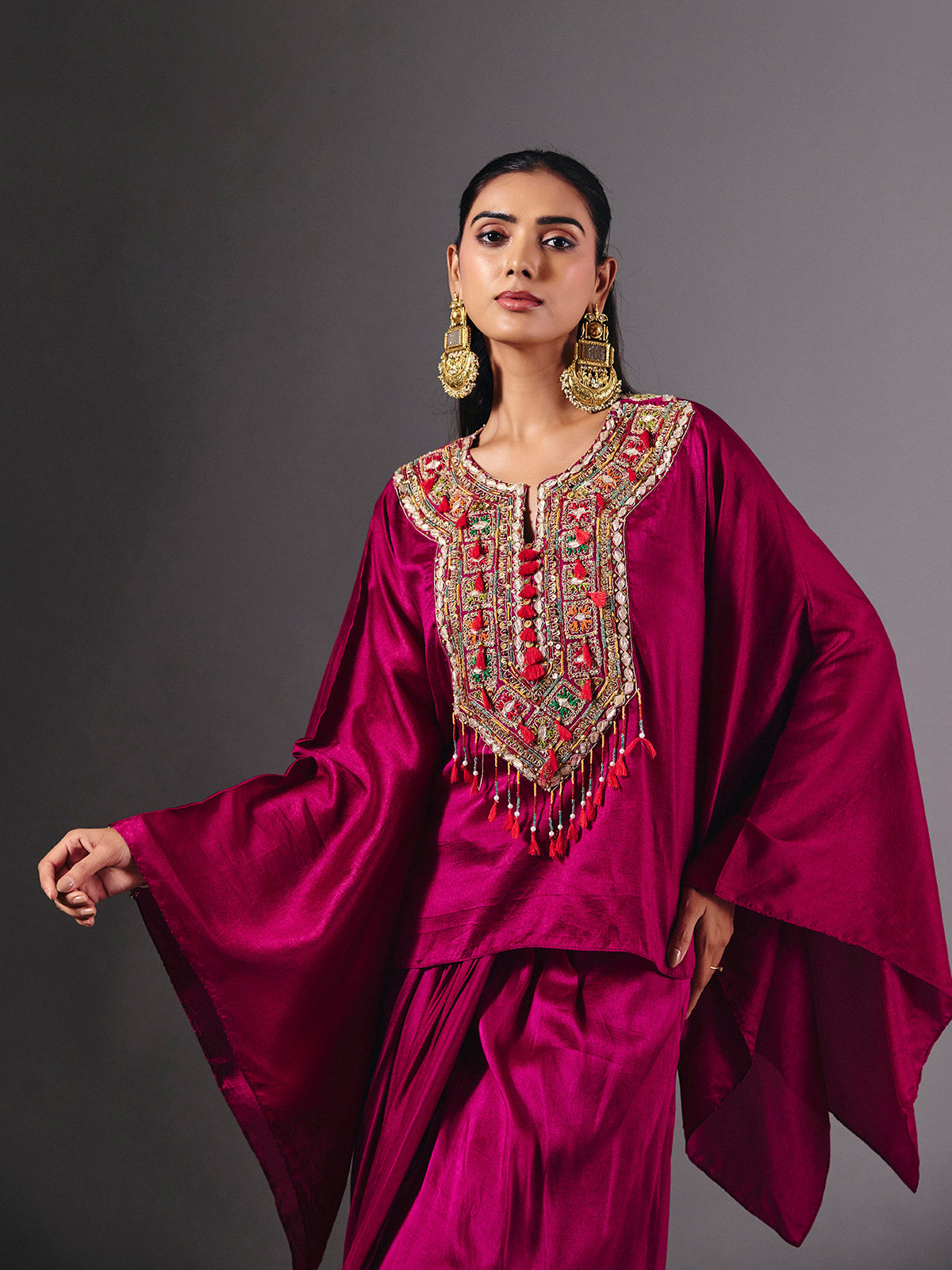 Wine crepe silk indowestern suit with luxurious embellishments