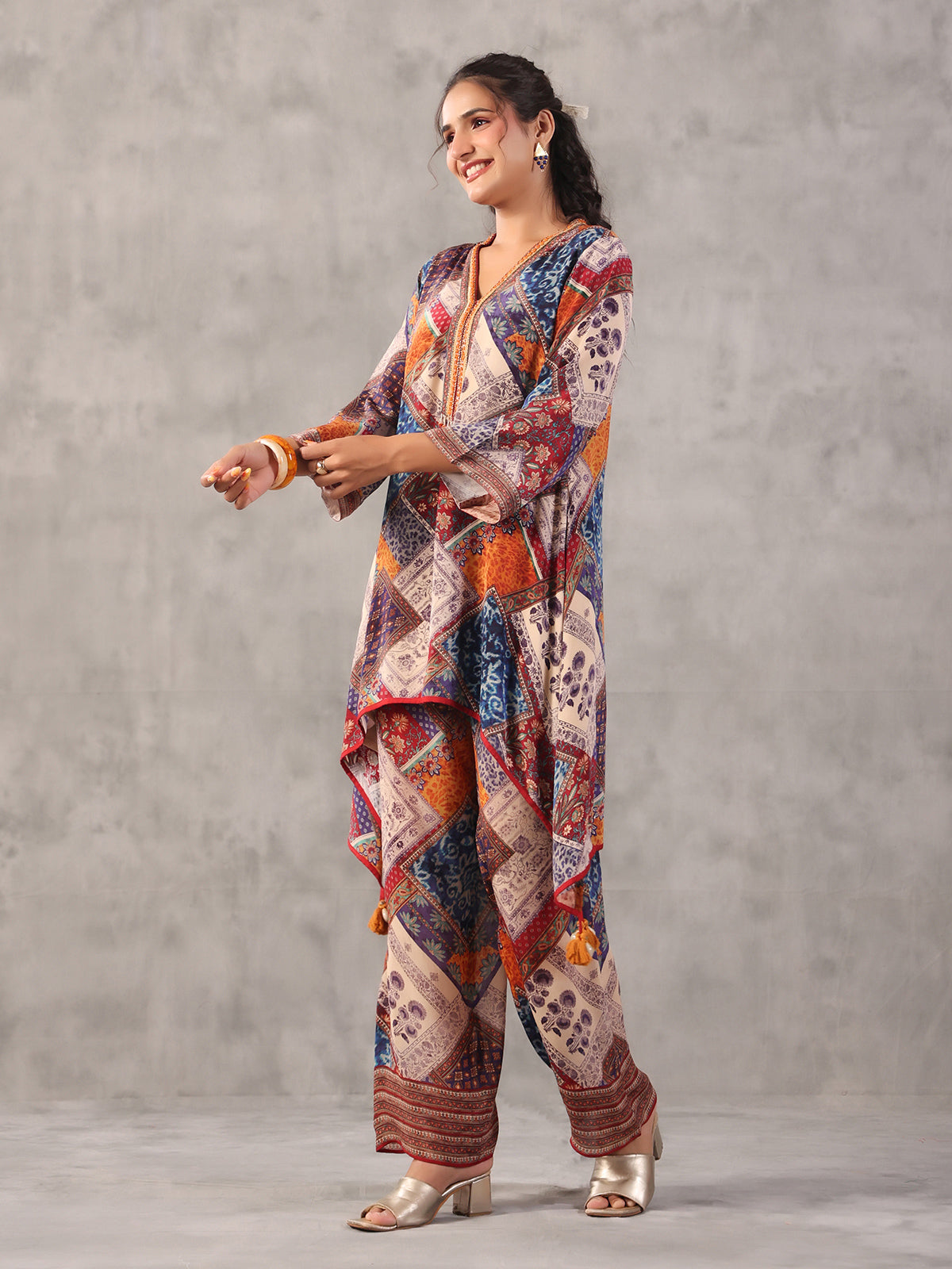 Multicolor printed embellished A line co ord set
