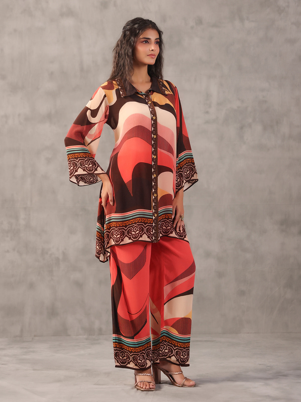 Quirky brown printed collar neck palazzo co ord set