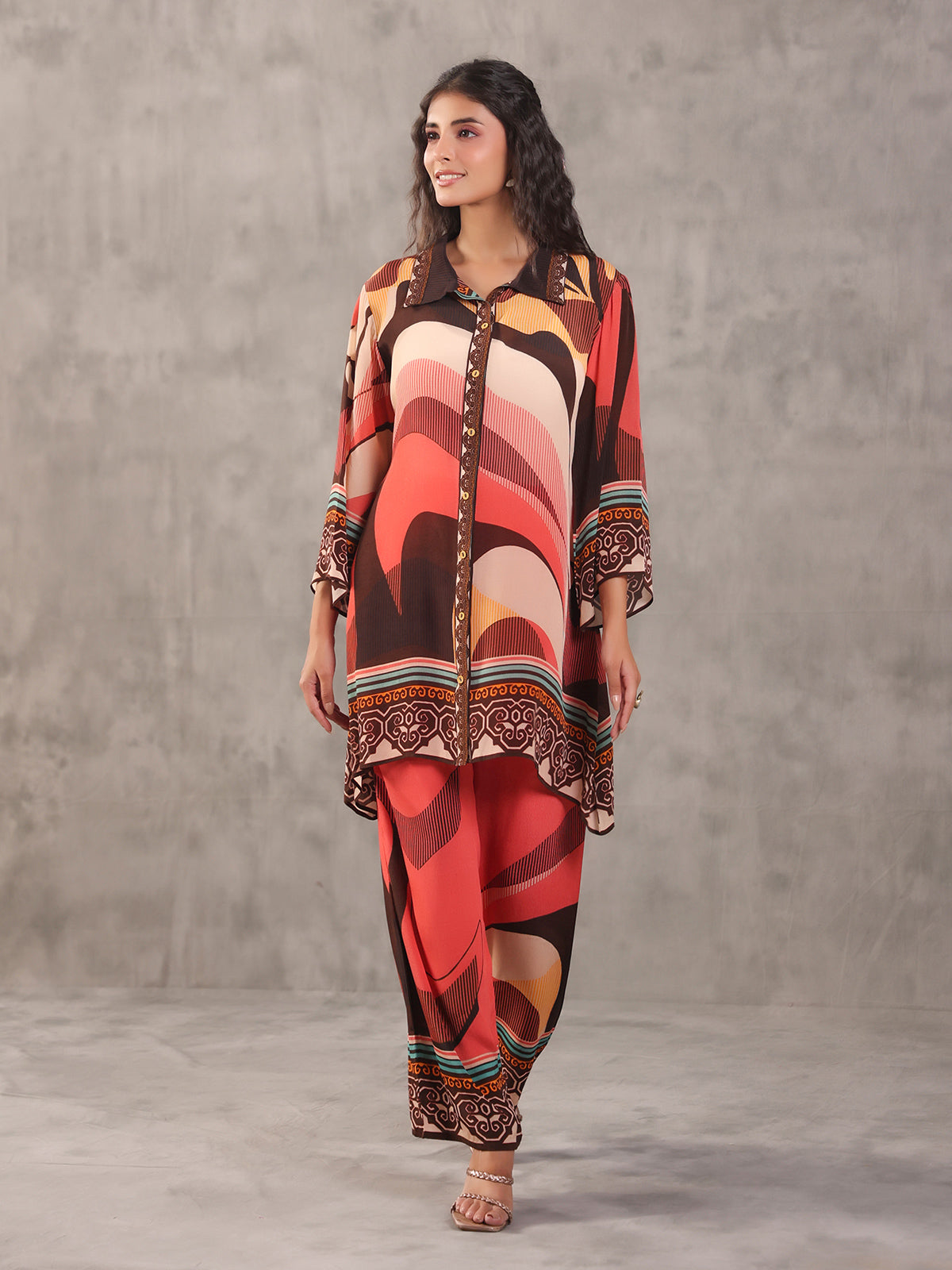 Quirky brown printed collar neck palazzo co ord set
