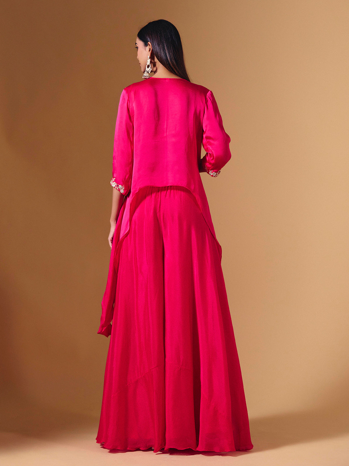 Elegant pink tissue silk palazzo suit with festive embellishments