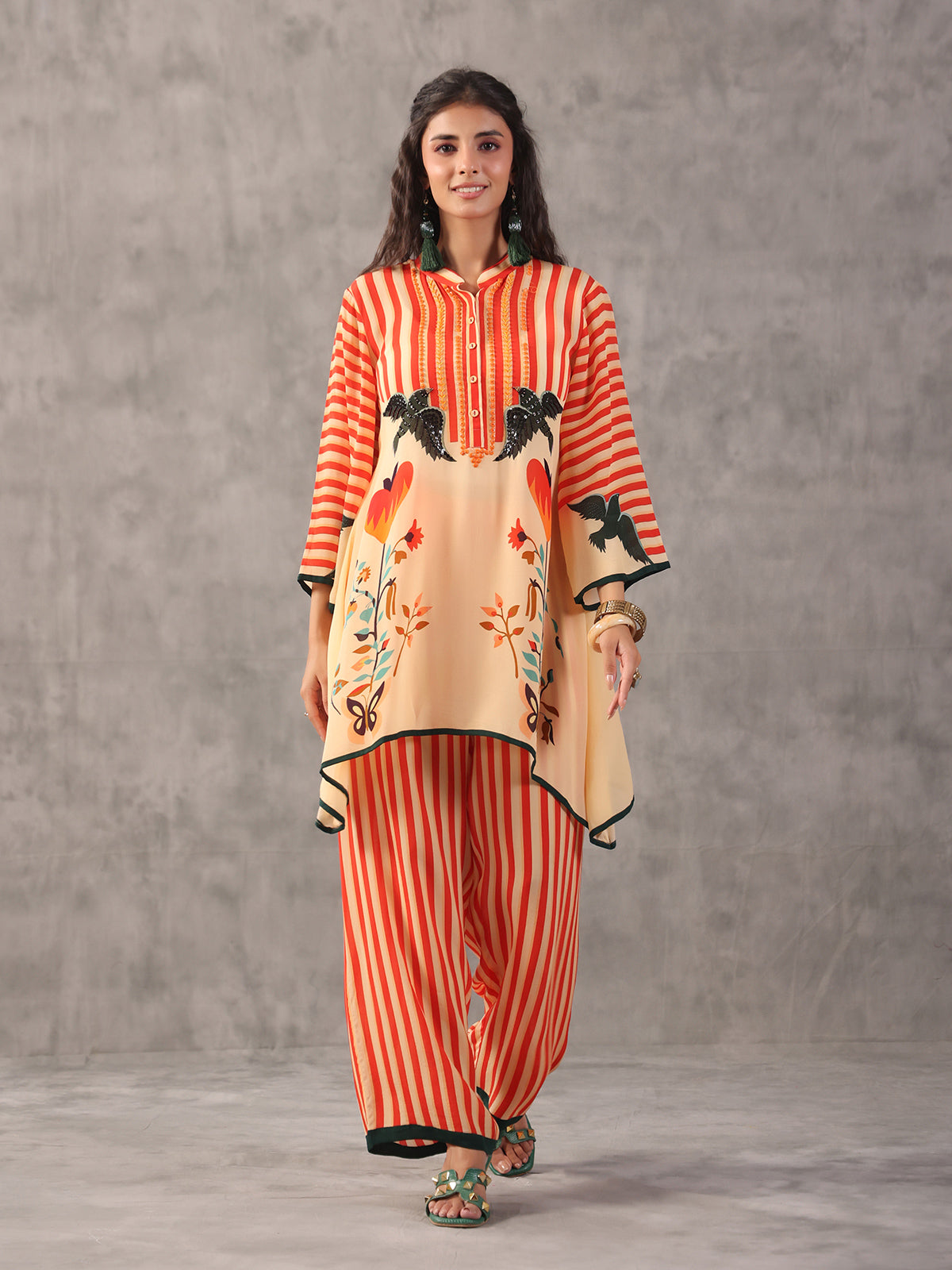 Orange casual printed embellished co ord set
