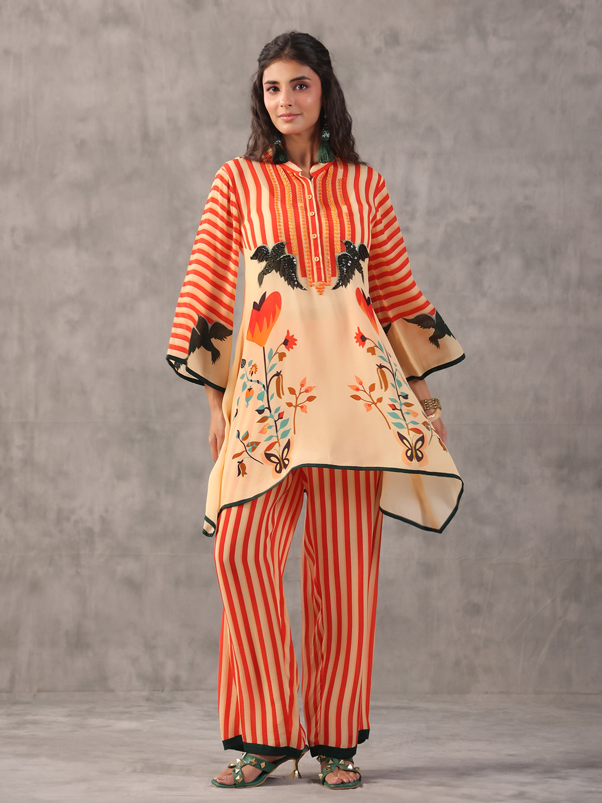 Orange casual printed embellished co ord set