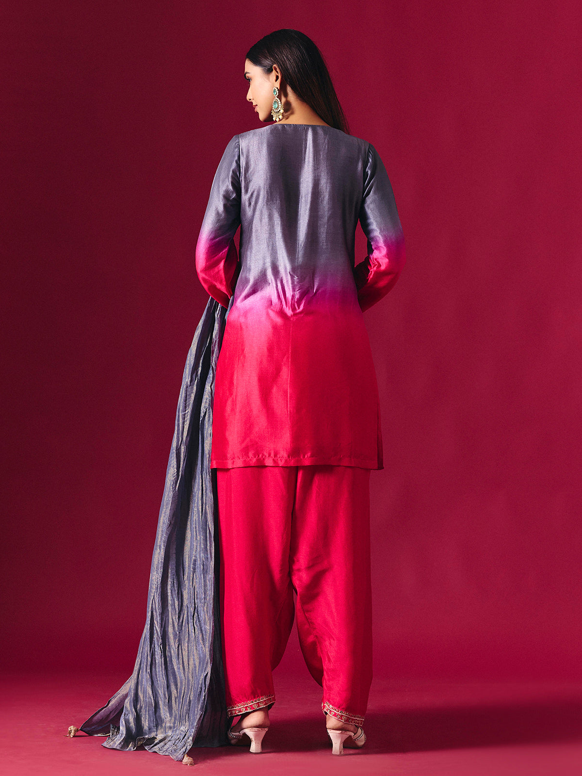Pretty pink silk shaded salwar suit with purple dupatta detailing