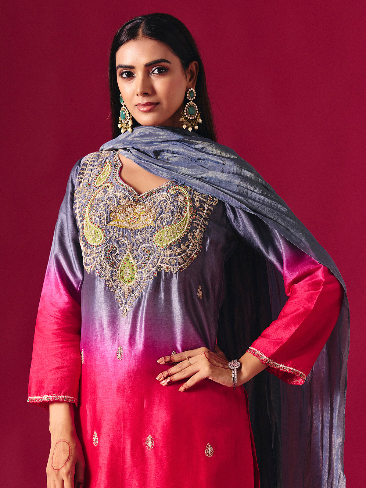 Pretty pink silk shaded salwar suit with purple dupatta detailing
