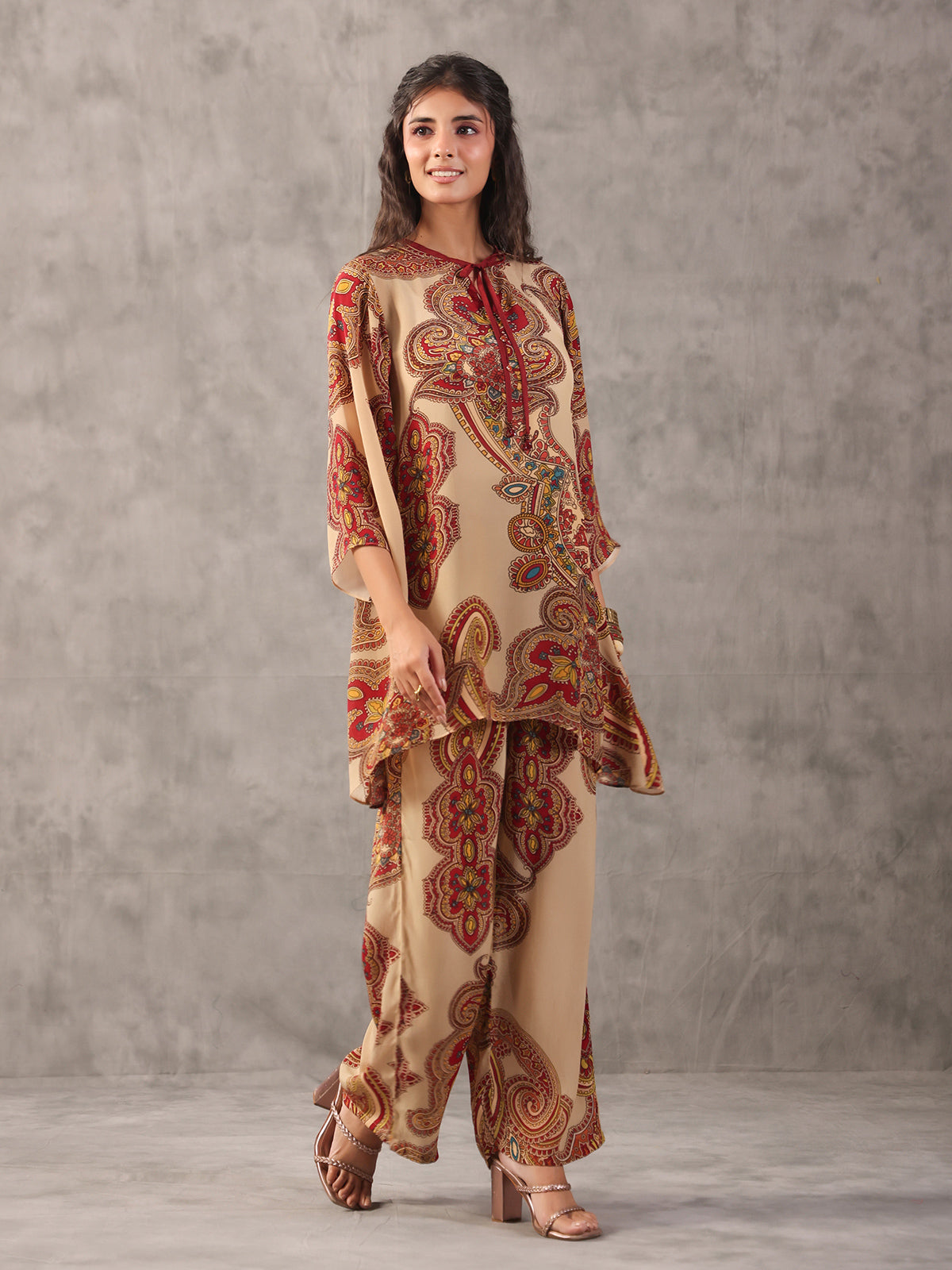 Beige paisley printed keyhole neck palazzo co ord set