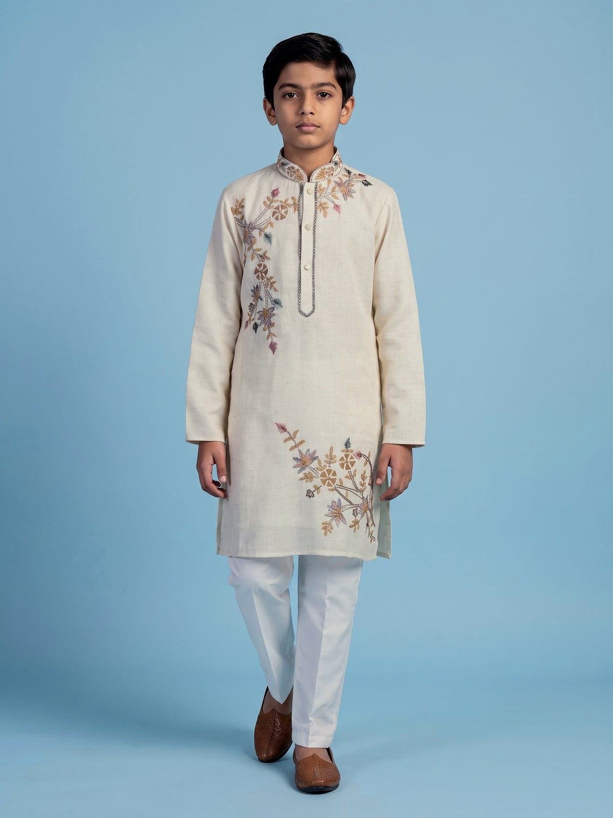 Off white pastel floral boys kurta suit