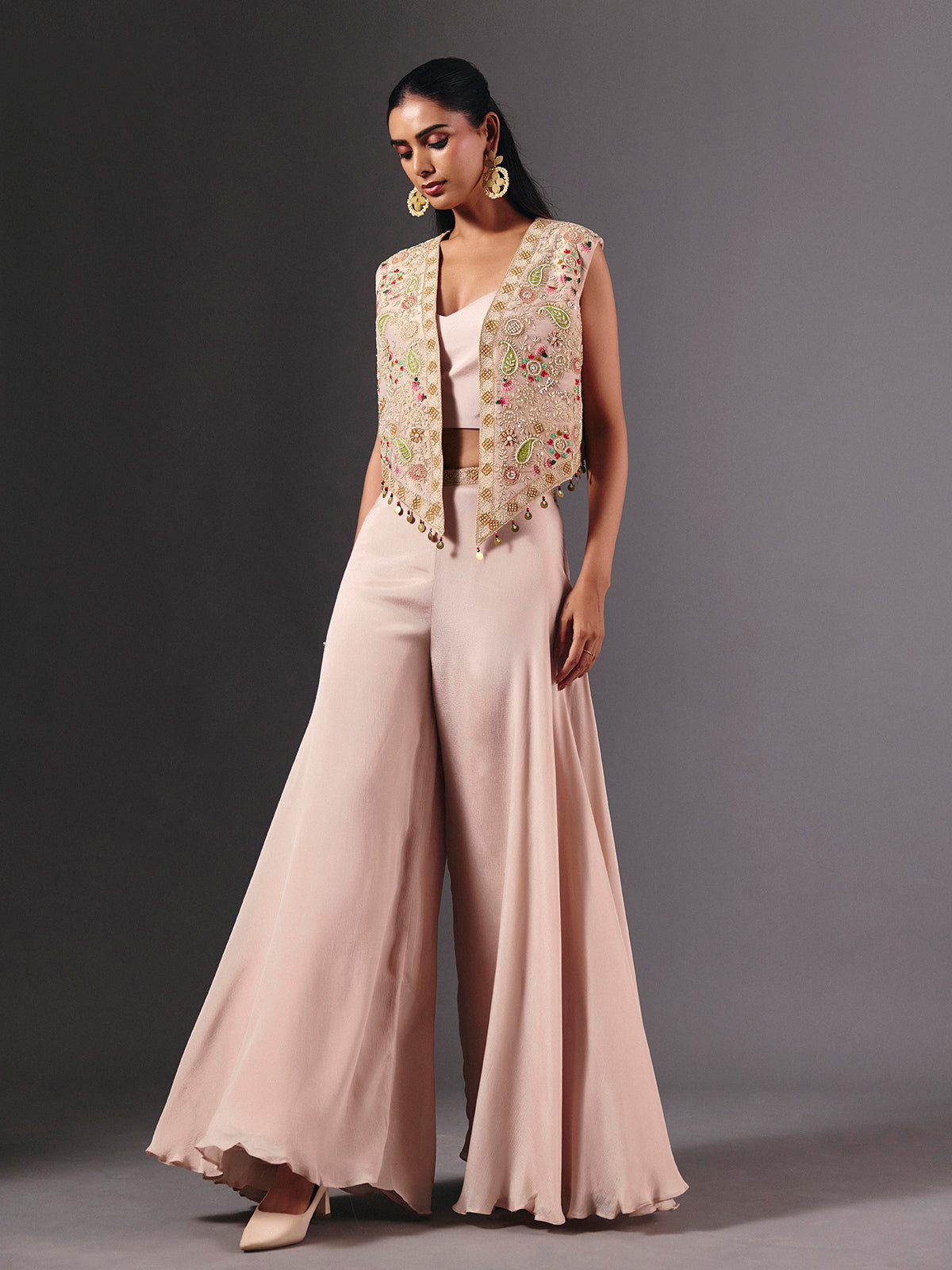 Light pink silk palazzo suit with embellished designer jacket