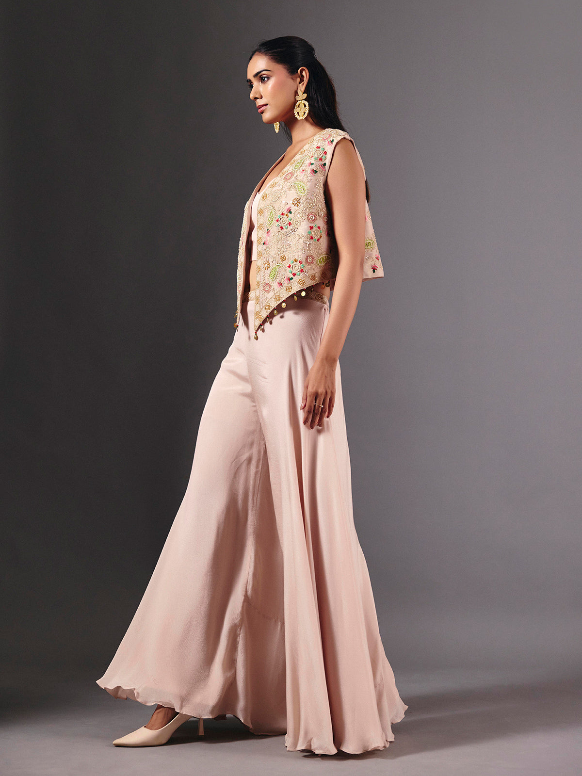 Light pink silk palazzo suit with embellished designer jacket