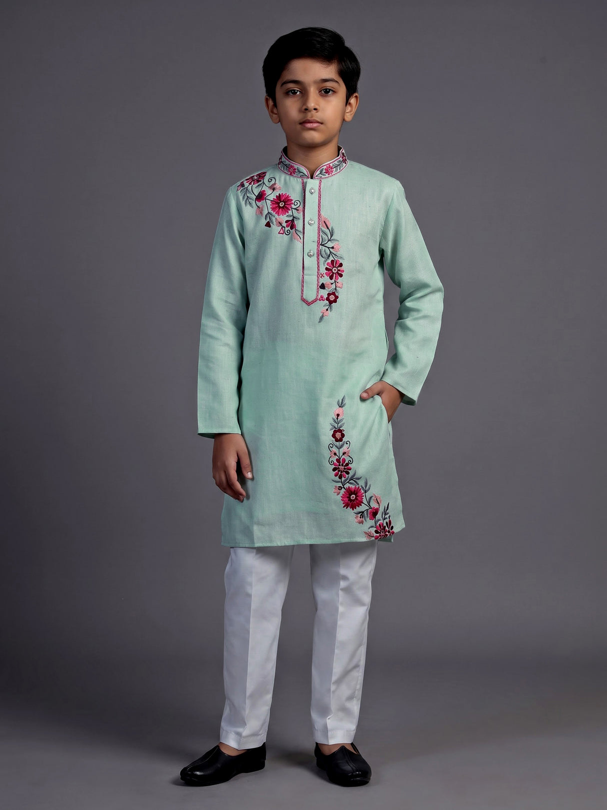 Mint green diagonal floral boys kurta suit